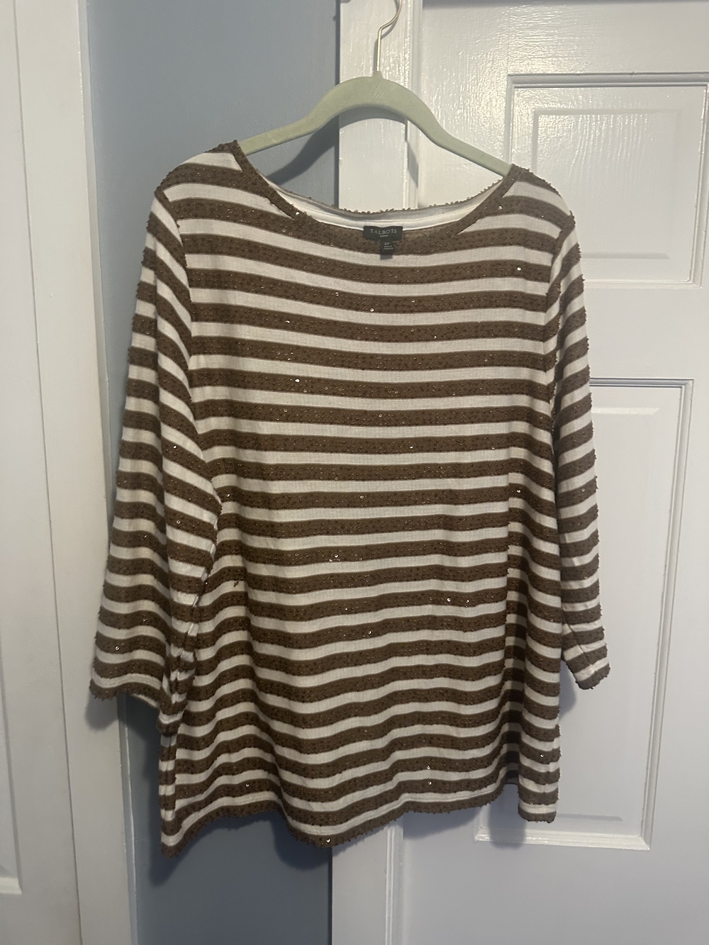 Talbots Brown and White Striped Sequin Sweater